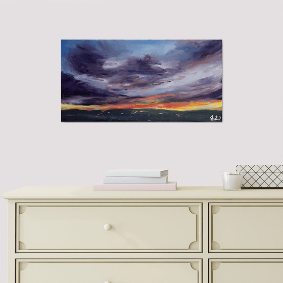 Winter sunset in Salamanca. Original oil painting. Dark sky medium size one of the kind interior decor spain pink