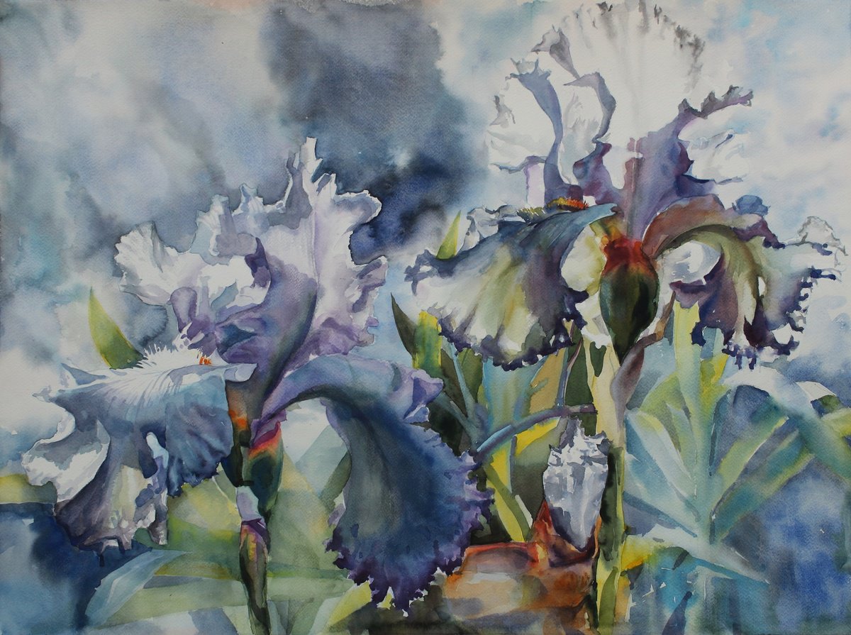 Impressionistic Botanical Watercolour By Yurii Pashkov, 30 X 22", Irises#4, Original Artwork