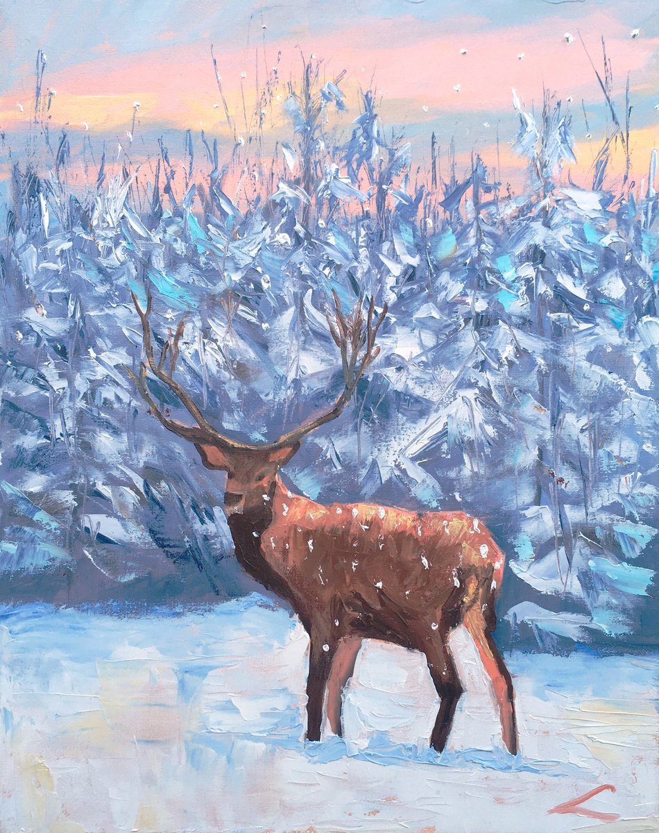 Impressionistic Animal Oil Painting By Elena Sokolova, 16 X 20, Winter Deer, Original Artwork