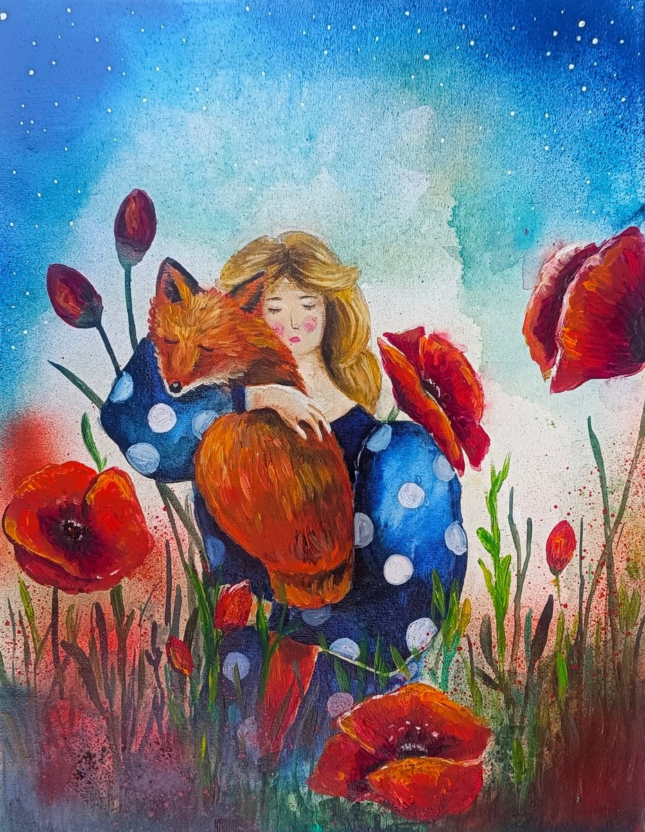 Surrealistic Portrait Painting By Evgenia Smirnova, 11 X 14, Hugging A Fox, Original Artwork