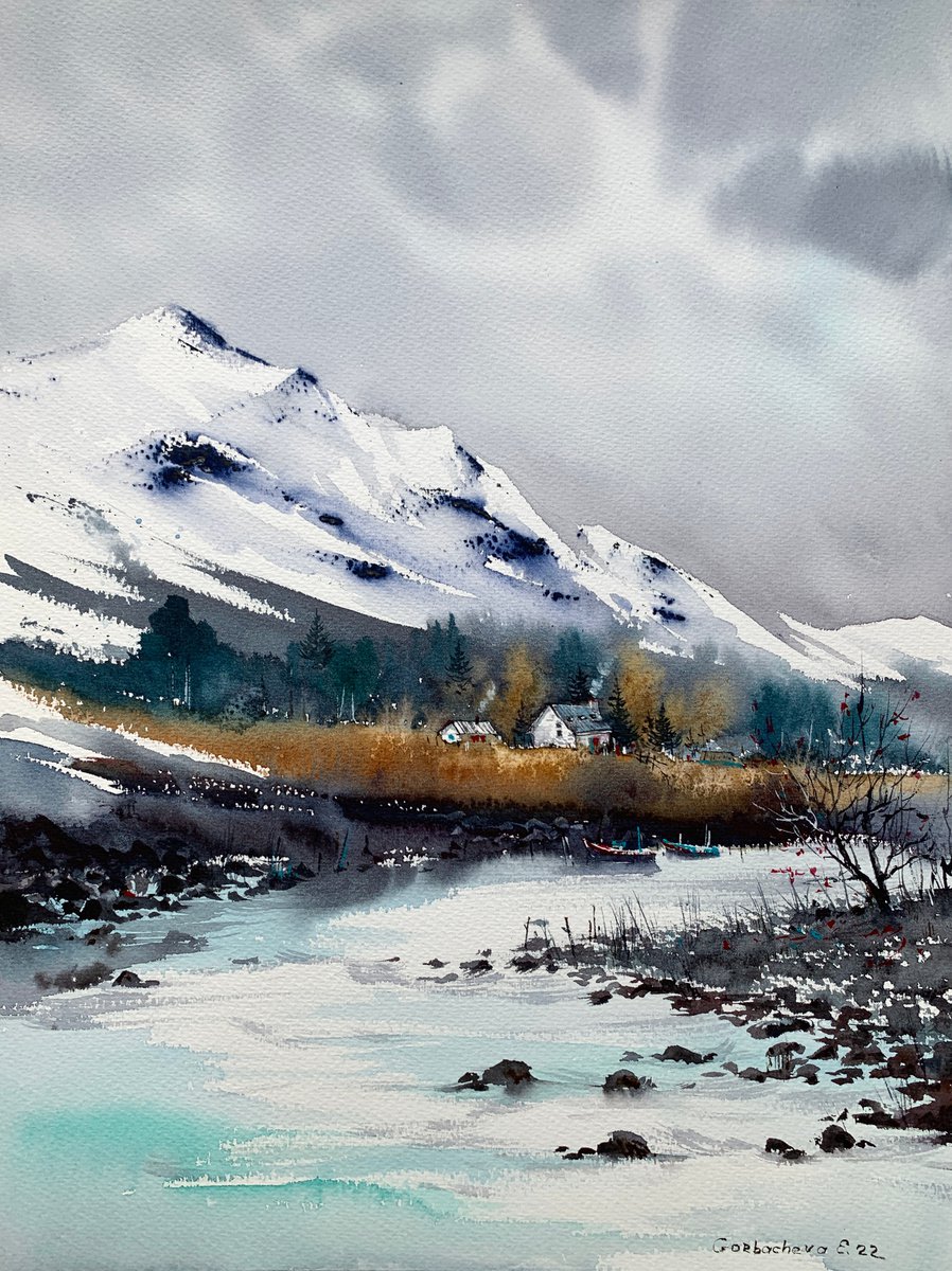 Impressionistic Landscape Watercolour By Eugenia Gorbacheva, 12 X 16, House In The Mountains #2, Original Artwork