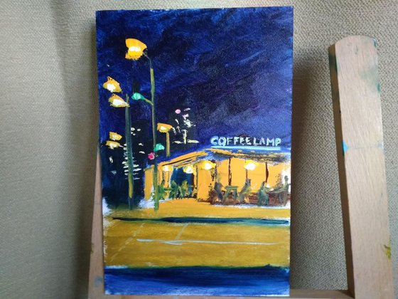 Cafe in the night city. Plein Air Painting