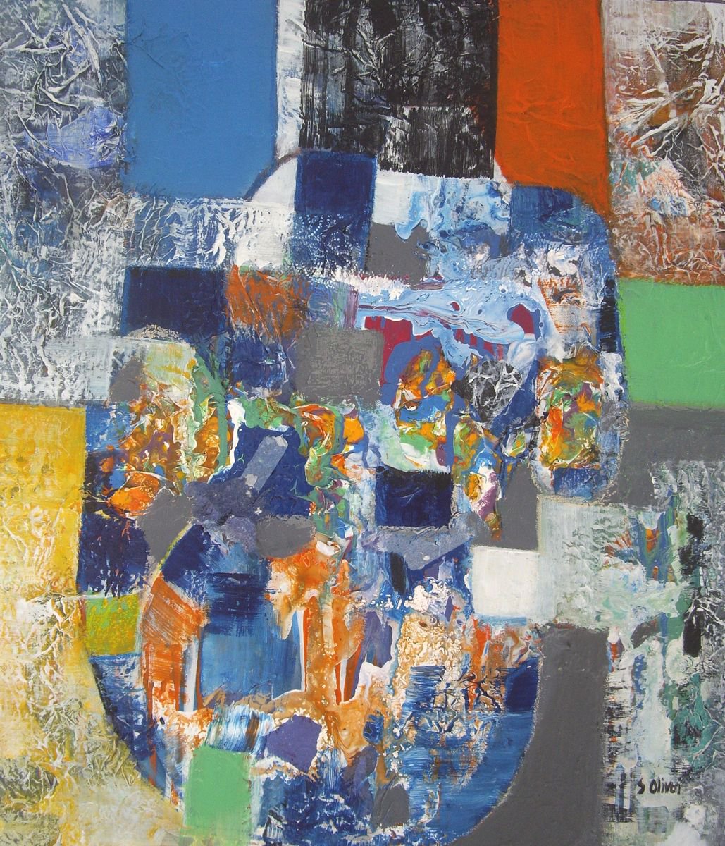 Expressive Abstract Acrylic Painting By Sylvie Oliveri, 24 X 28", Curves And Squares, Original Artwork