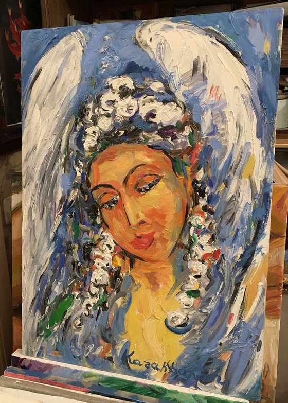 ANGEL - female portrait, face, snow winter theme, original oil painting 70x50