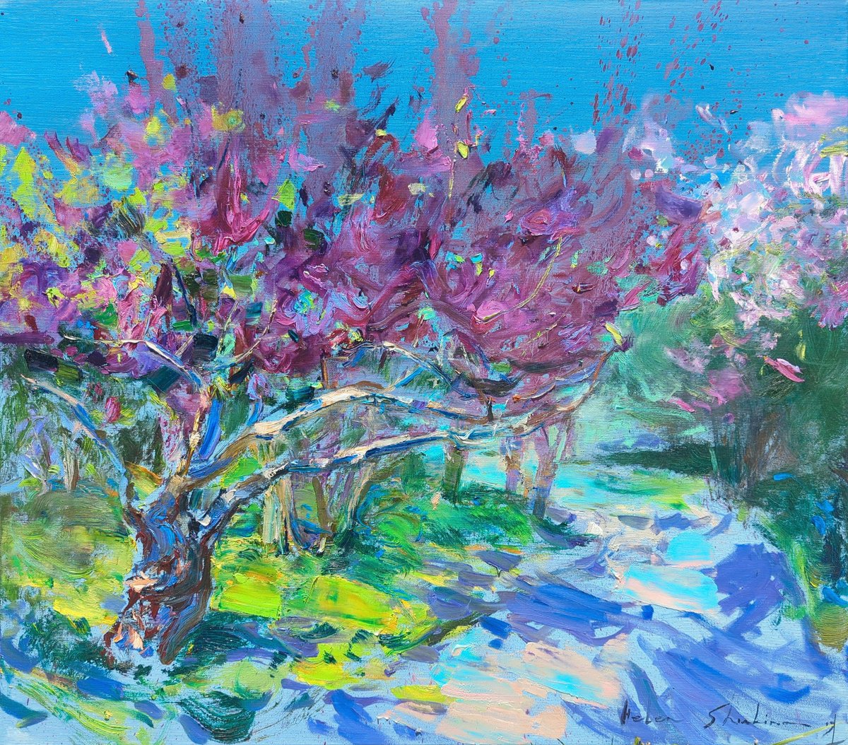 Expressive Landscape Oil Painting By Helen Shukina, 31 X 28, The Magic Of The Garden, Original Artwork