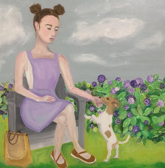 Canvas Girl sitting with her Jack Russell