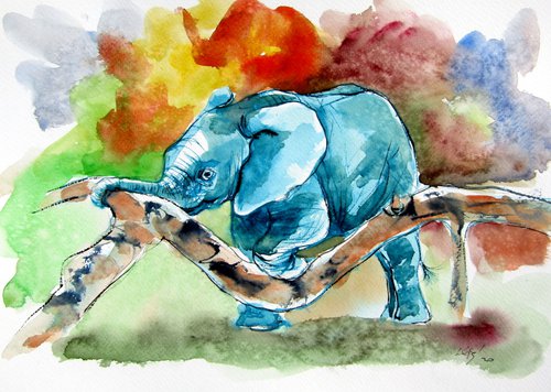 Elephant baby playing with branch by Kovács Anna Brigitta