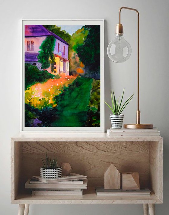 Sunset garden watercolor painting original, evening landscape wall art