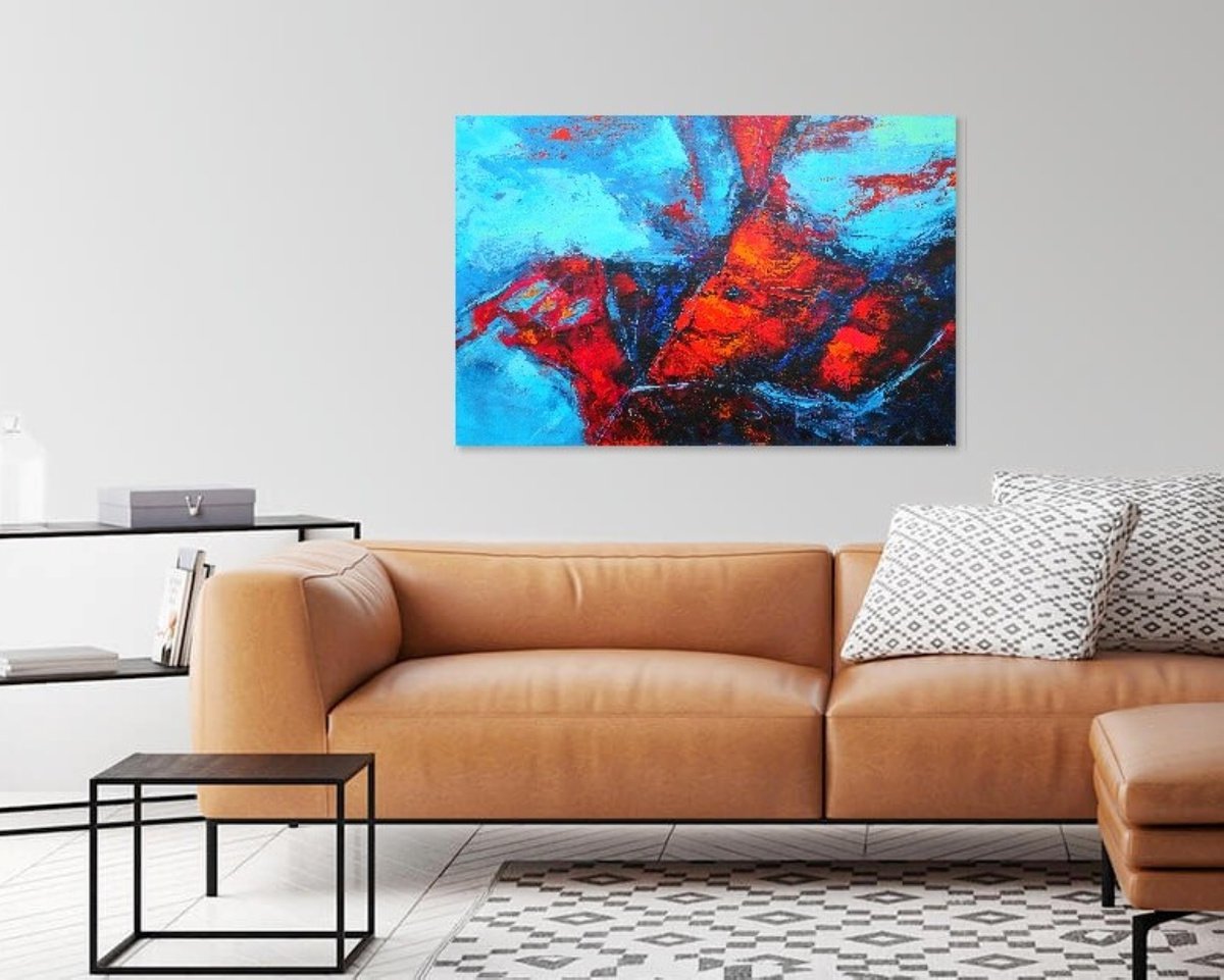 Large Abstract Turquoise Red Landscape Painting. Modern Textured Art. Blue Abstract. 61x91... by Sveta Osborne