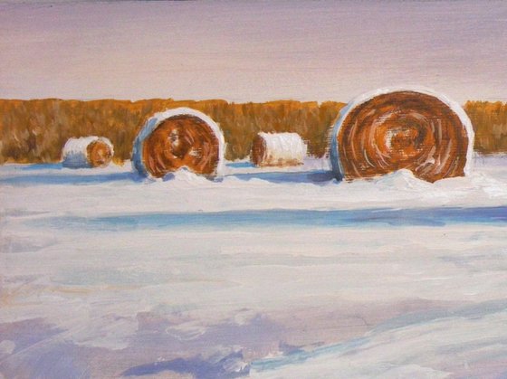"Bales of hay with blanket of snow "