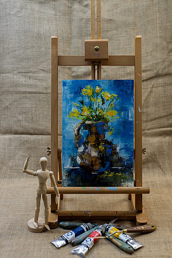 Modern still life painting with flowers in vase. Gift art