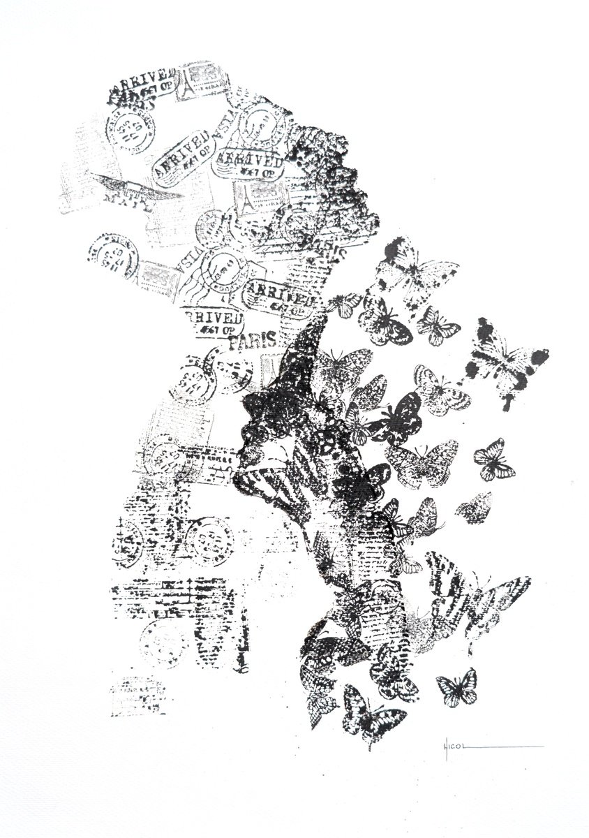 Expressive Portrait Ink Drawing By Nicol Vacaru, 15 X 21", Memories In Transit, Original Artwork