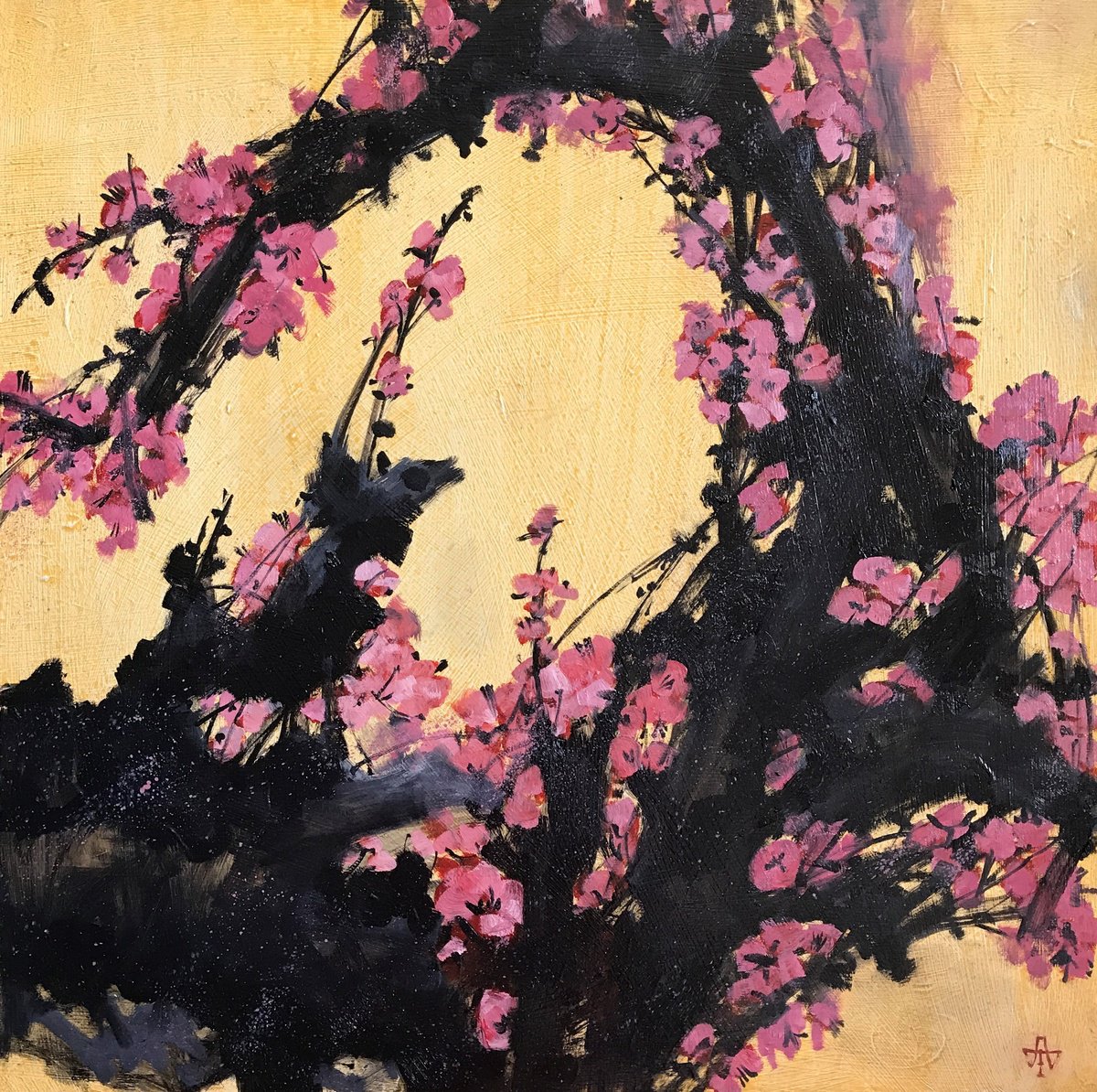 Impressionistic Botanical Oil Painting By Anastasia Terskih, 20 X 20, Sakura, Original Artwork