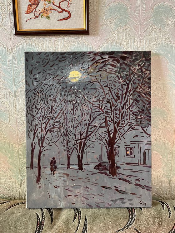 Artwork Moon Winter evening in the city, original acrylic painting from Ukraine