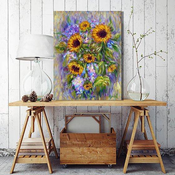 Sunflowers with Lilacs.
