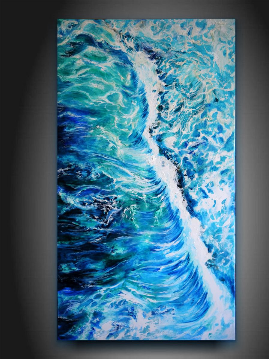 Waves / 90 cm x 50 cm Modern  Sea brush palette knife Art by Anna Sidi-Yacoub