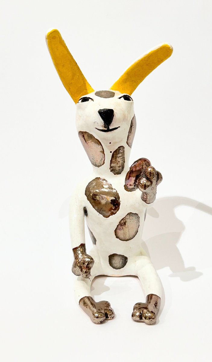 Naive Animal Clay Sculpture By Viktor Zuk, 6 X 12", The Watchful Rabbit, Original Artwork