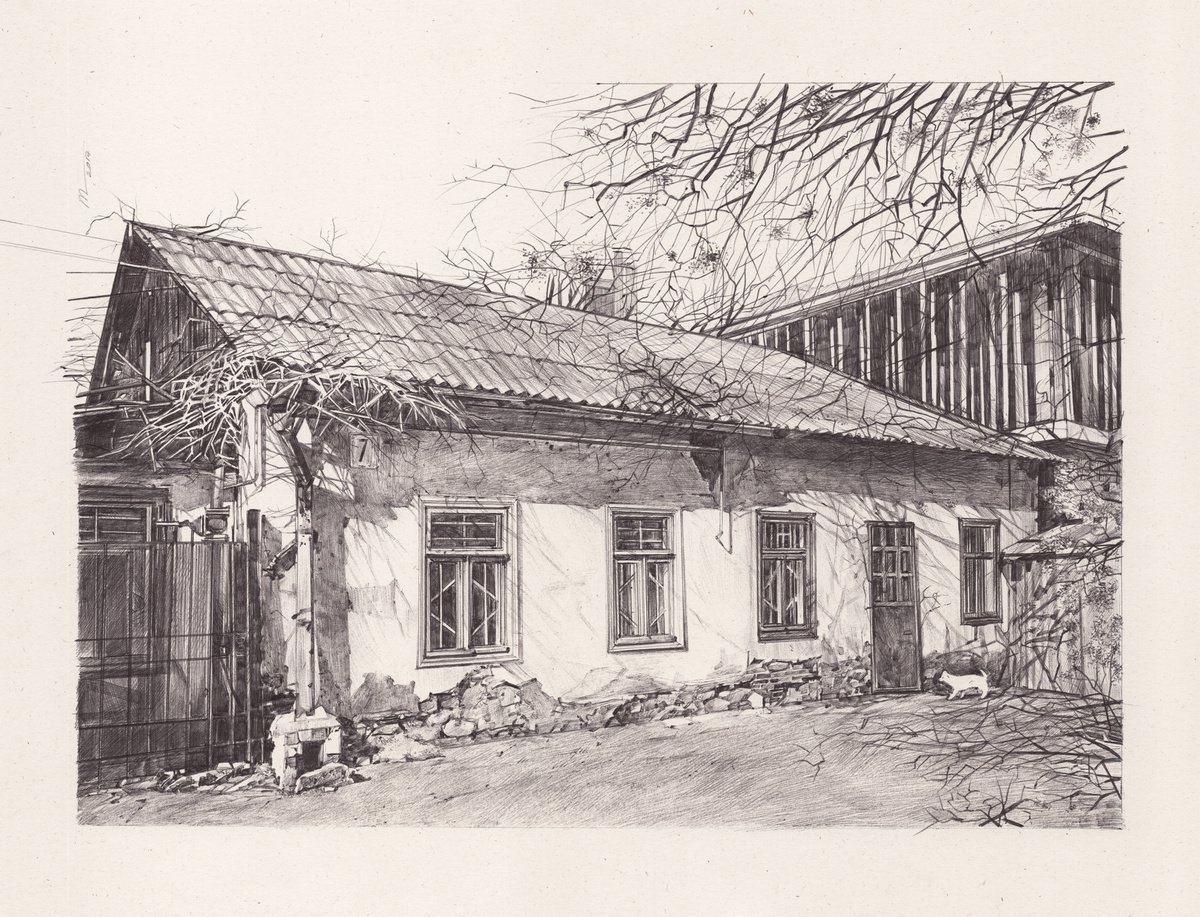 Photorealistic Cityscapes Drawing By Daria Maier, 13 X 10, Old House, Original Artwork