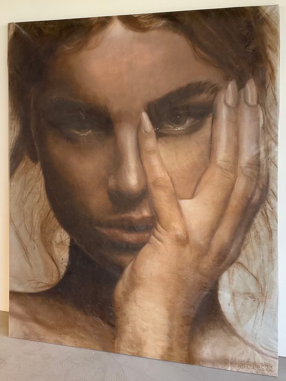 Gaze | Huge female portrait oil on unstretched canvas beautiful model posing with hand mysterious