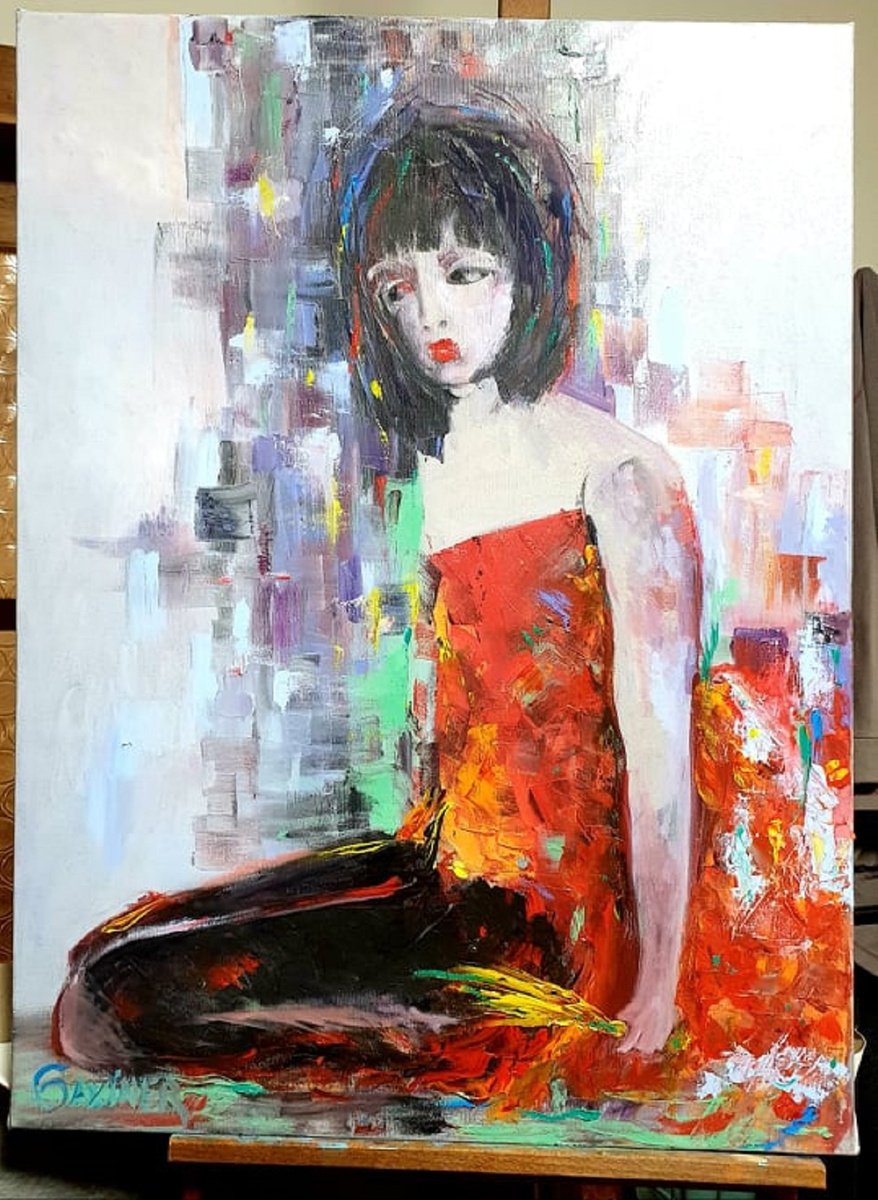 Impressionistic Portrait Oil Painting By Leo Baxiner, 24 X 31", Playing With A Fan, Original Artwork