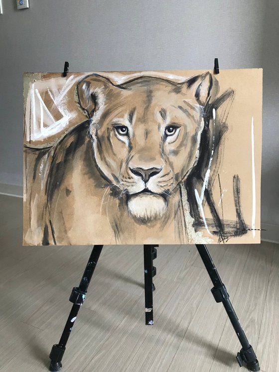 Modern art Lioness mix media 39x54cm