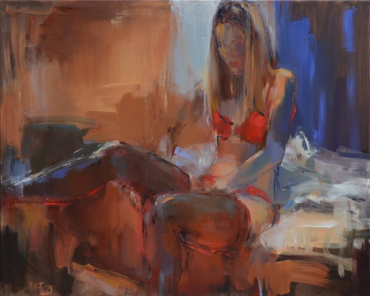 Expressive Portrait Oil Painting By Nelina Trubach-Moshnikova, 39 X 31", To The Evening Toilet, Original Artwork