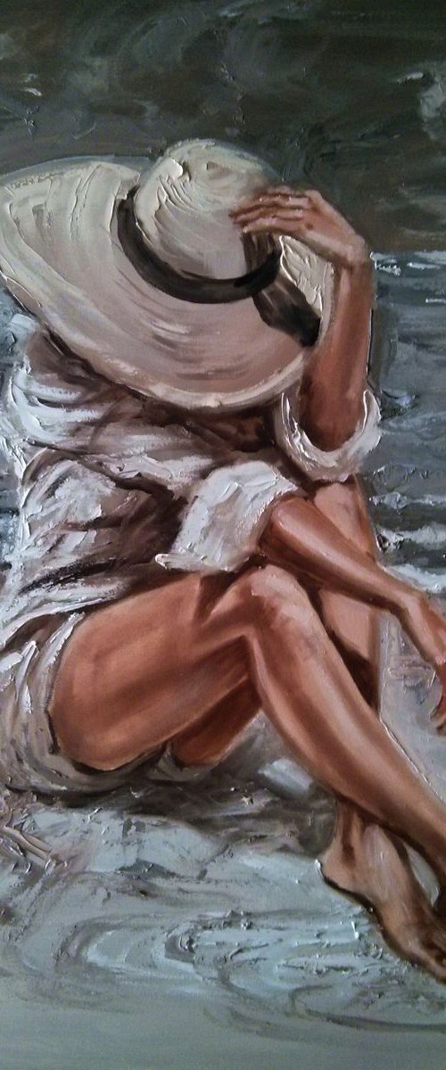 " UNDER MY HAT ... "- SEA SAND liGHt  ORIGINAL OIL PAINTING, GIFT, PALETTE KNIFE by Monika Luniak