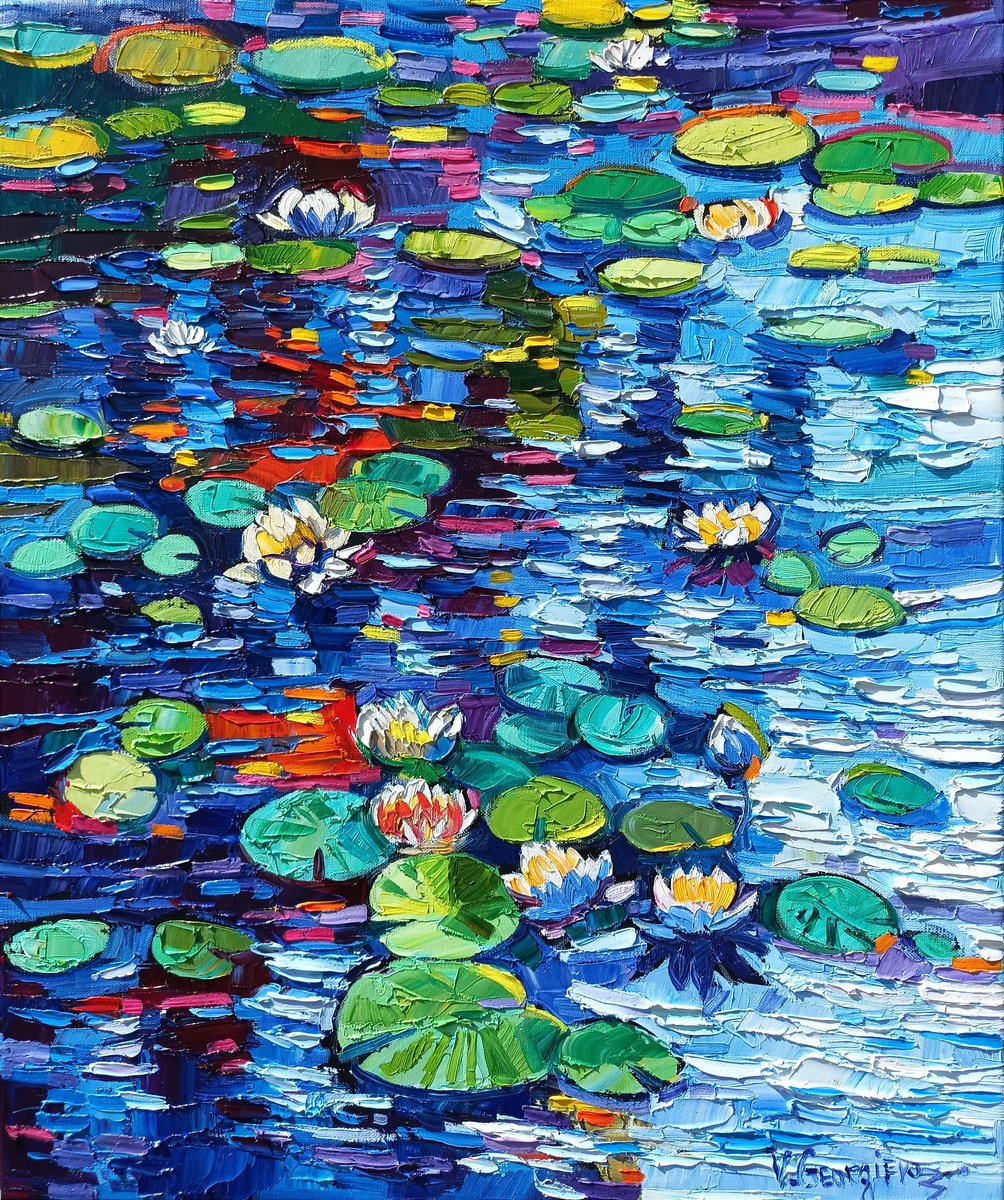 Impressionistic Botanical Oil Painting By Vanya Georgieva, 20 X 24", Water Lilies Reflections 3, Original Artwork