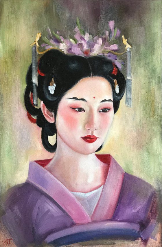 "Hanfu girl portrait in lilac clothes"