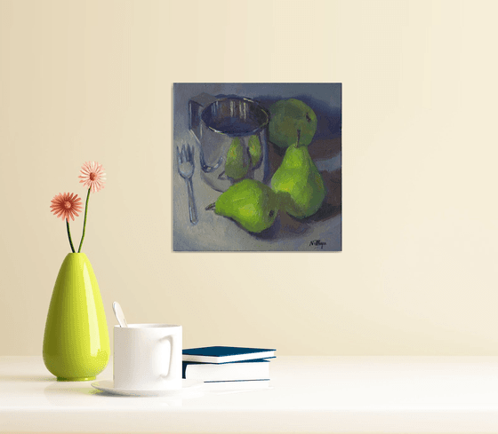 Kitchen Decor - Pear Reflections on Metal - Small Oil painting, home decor