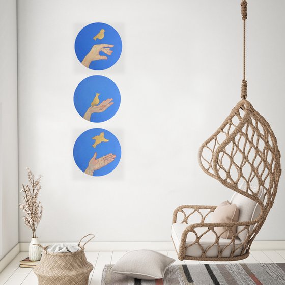 Triptych original mixed media paintings- Hands and birds - Set of 3 round canvas for living room (2021)