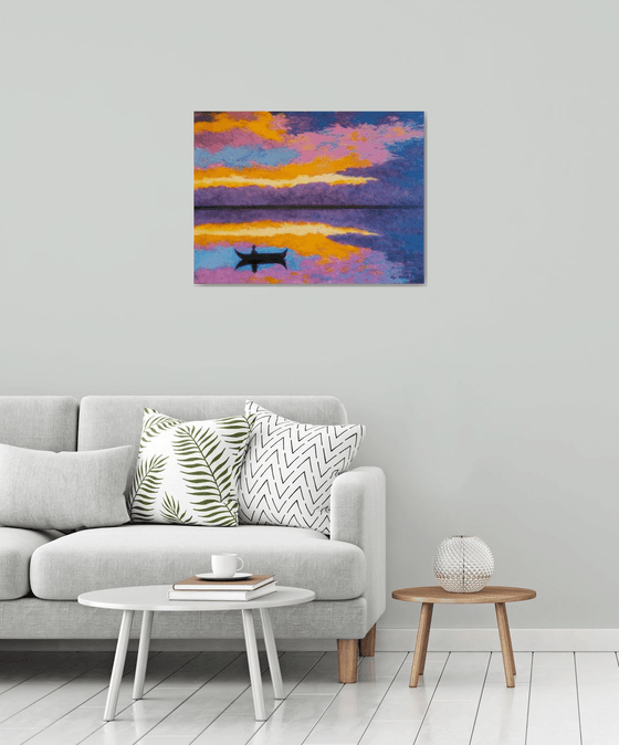 Silence - colorful evening on the lake; sunset; home, office décor