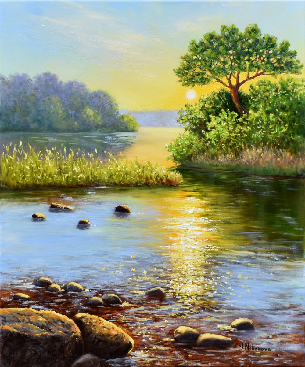 Impressionistic Landscape Oil Painting By Yulia Nikonova, 20 X 24", The Bay At Low Tide, Original Artwork