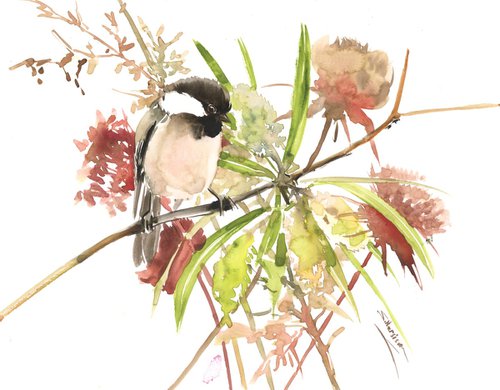 Chickadee Bird snd field plants by Suren Nersisyan