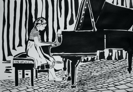 Girl play piano / 42 x 29.7 cm