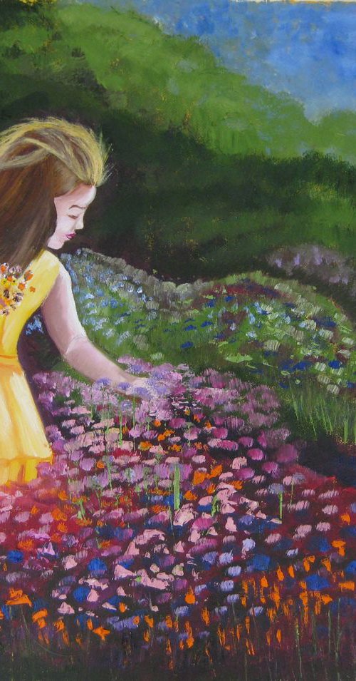A Girl on the Blossoming Meadow. Original Oil Painting on Canvas. 16" x 20". 40,6 х 50,8 cm. by Alexandra Tomorskaya/Caramel Art Gallery