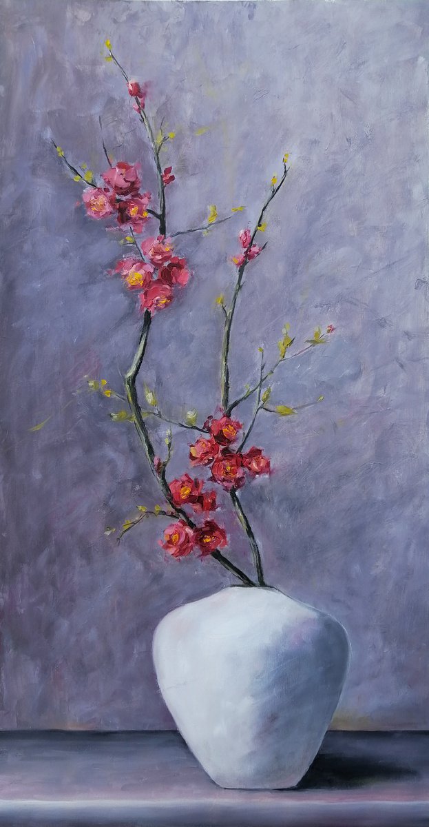 SIMPLICITY, 50x95cm, blooming spring branch painting by Emilia Milcheva