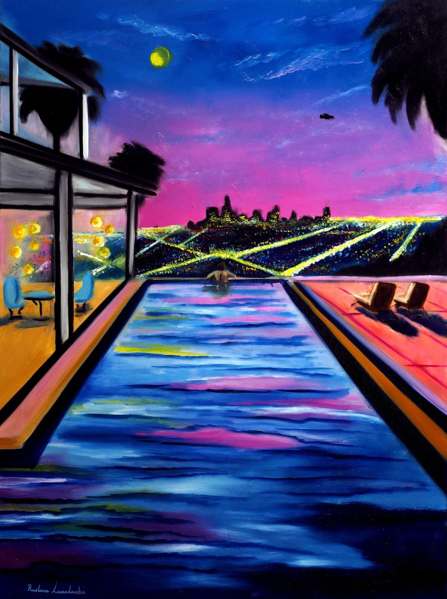 Impressionistic Landscape Oil Painting By Ruslana Levandovska, 30 X 40", Los Angeles Lights, Original Artwork