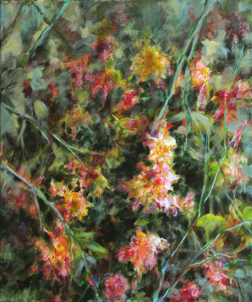 Impressionistic Botanical Acrylic Painting By Fabienne Monestier, 18 X 22, Flowers And Leaves, Original Artwork