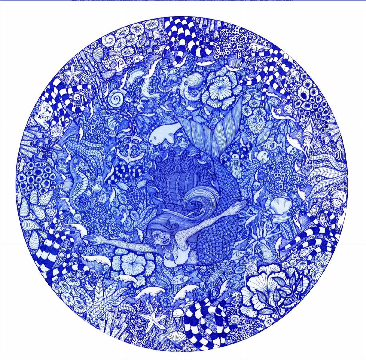 Illustrative Animal Ink Drawing By Terri Smith, 27 X 27", The Blue Pool, Original Artwork