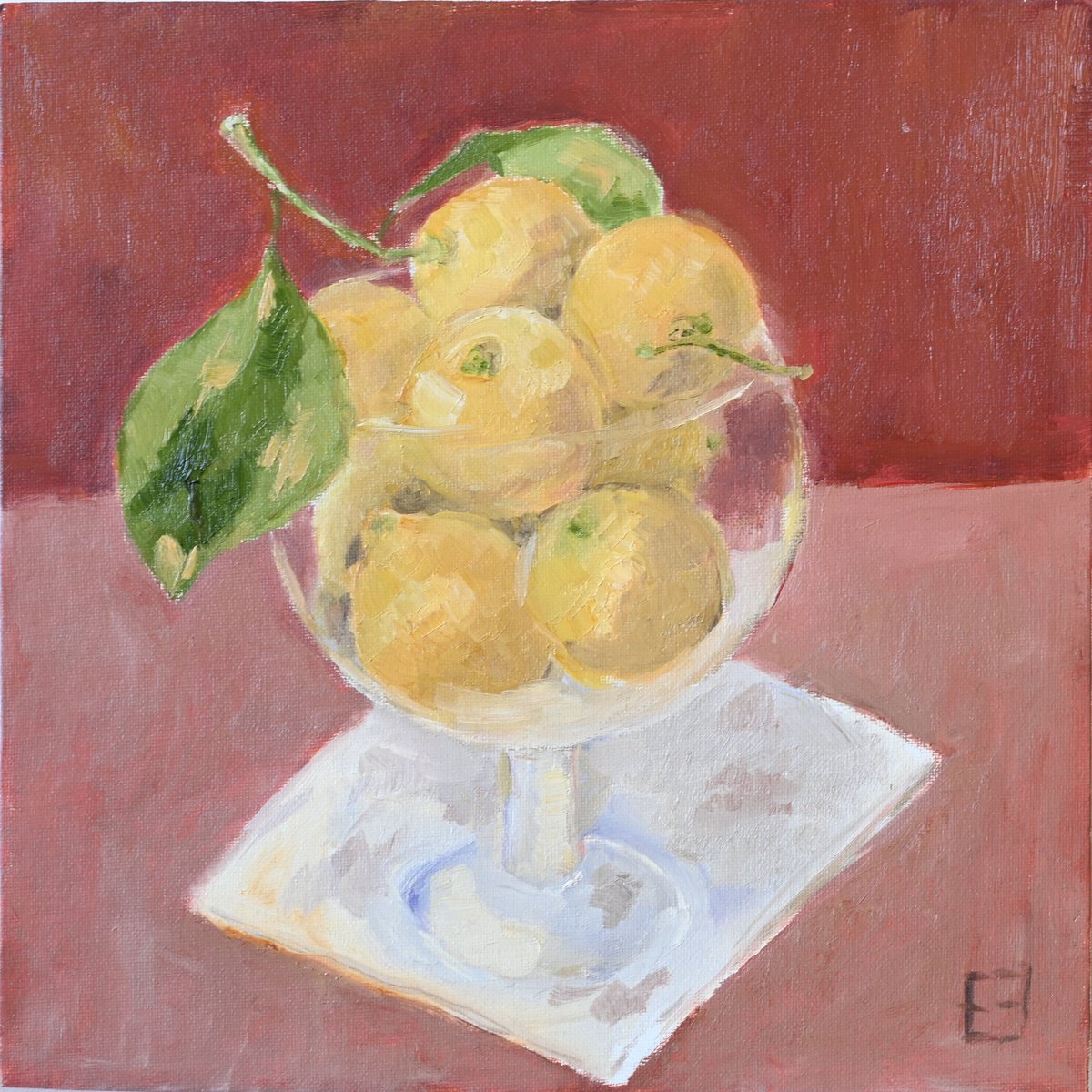 Impressionistic Still Life Oil Painting By Elena Zapassky, 12 X 12, Lemons In Glass Bowl, Original Artwork