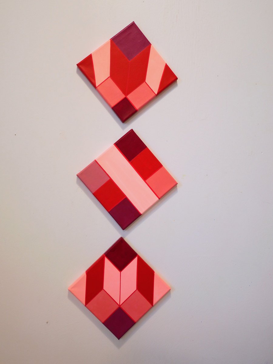 Red spectrum geometric color study triptych by Jessica Moritz