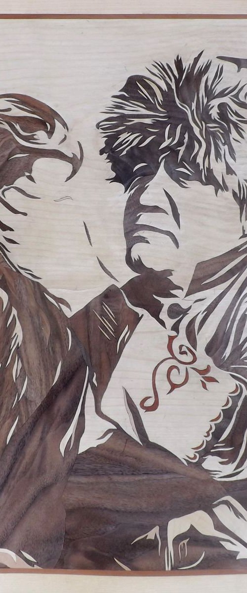 Kyrgyz and Eagle (marquetry work) by Dušan Rakić