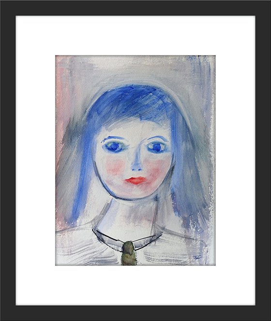 GIRL PORTRAIT BLUE HAIR, Green Tie, Sketch Study. Original Female Portrait Watercolour Painting.