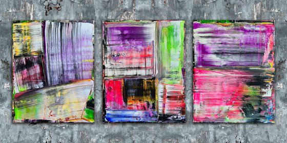 "Painting The Town" - Original PMS Abstract Acrylic Painting Triptych On Canvas - 72" x 30"