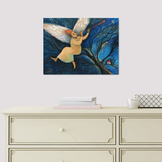 ANGEL - small oil painting with a magic angel in the sky Christmas gift home decor