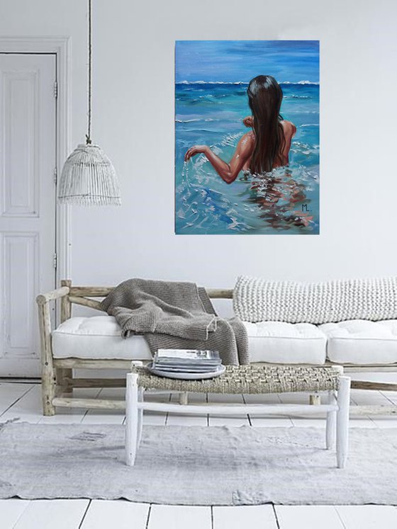 " BIG BLUE ... " original painting SEA summer GIFT sea swimming