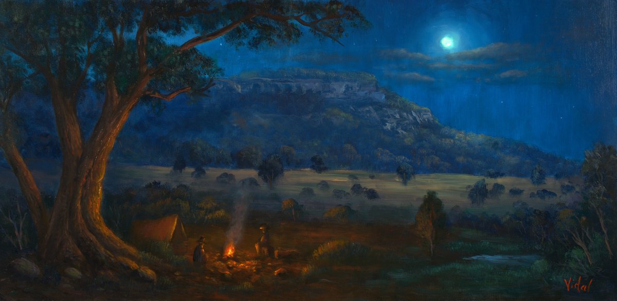 Impressionistic Landscape Oil Painting By Christopher Vidal, 37 X 19, Campfire Near Rawnsley Bluff, Original Artwork