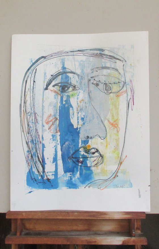 blue expressiv girl - drawing  acryl on paper 25 x 20 inch