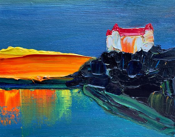 Bratislava Original Oil Painting on Canvas, Small Abstract Cityscape Artwork, Sunset City Wall Art